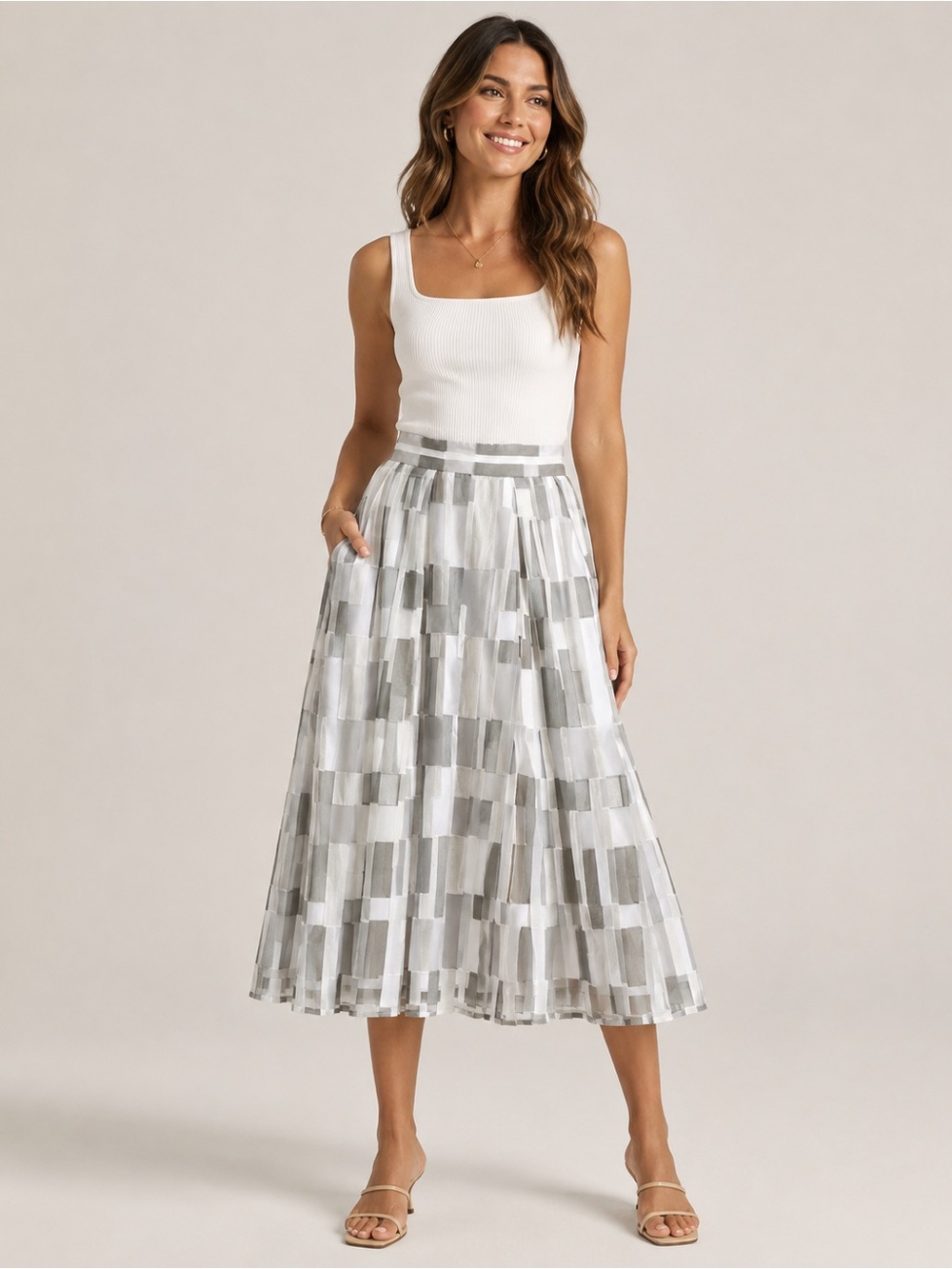 Milly Silver & White Patterned Midi Skirt